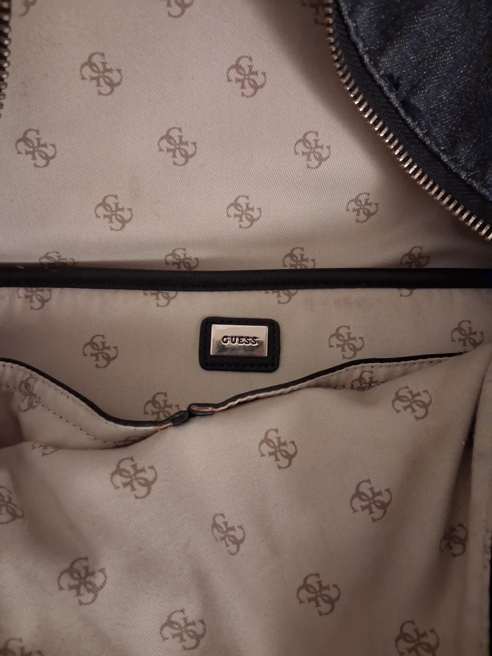 GUESS Denim Backpack in Dark Blue with Red Star-Print Straps